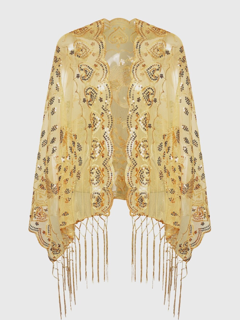 Gold Sequin Fringe Wrap Scarf Shawl 1920s Flapper Peacock Design
